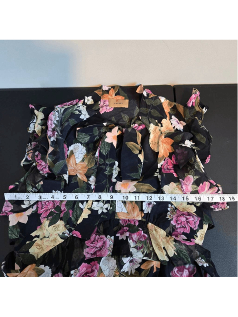 Kachel Womens Ruffle Silk Floral Midi Dress Size 8 Black Tiered Fairy Romantic - Picture 7 of 9